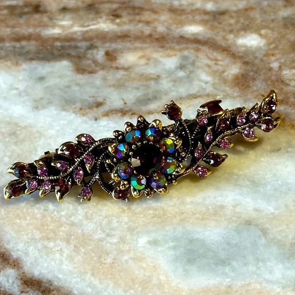 Amethyst Dark Purple, AB Floral Crystal Rhinestone Medium Barrette Hair Clip - Picture 6 of 6